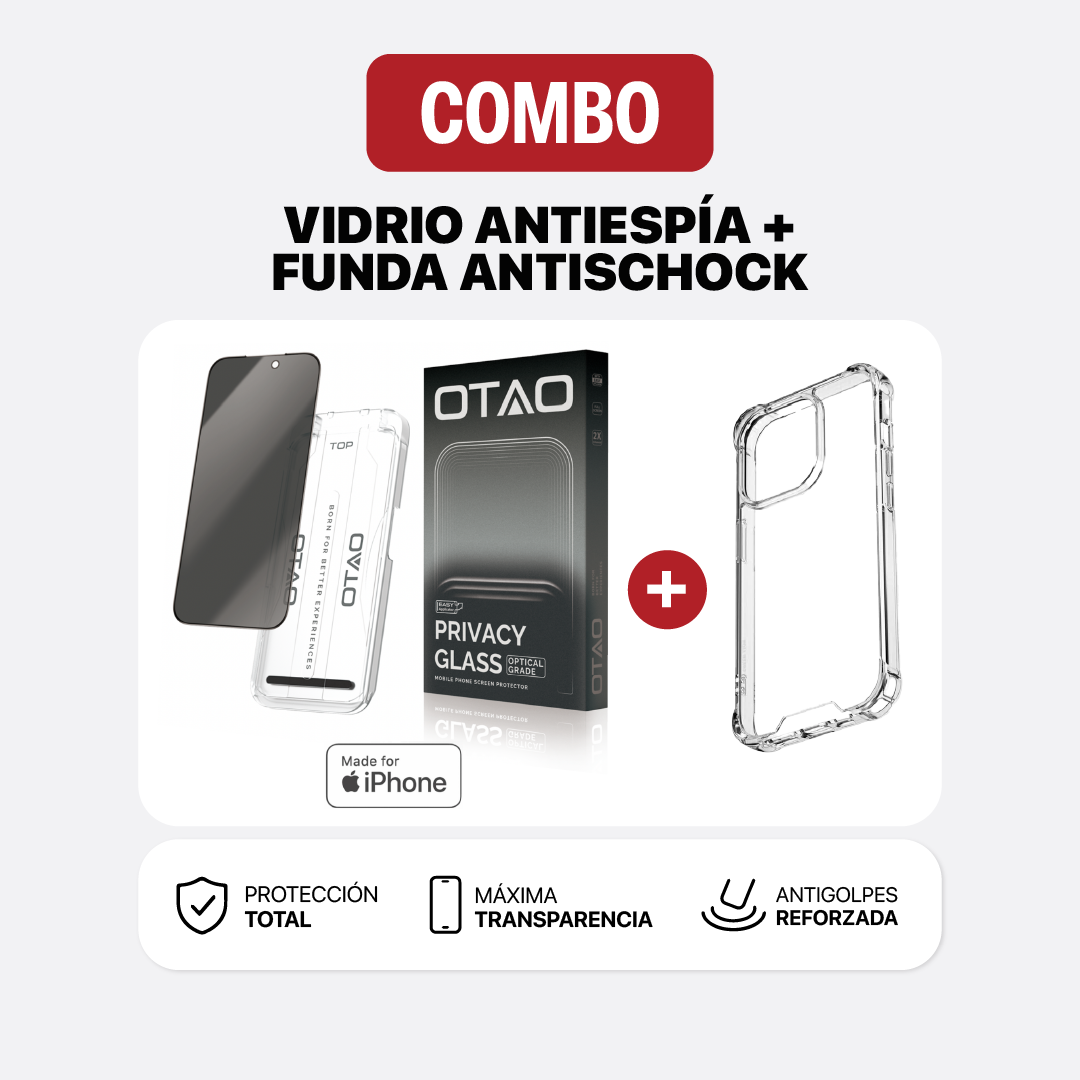 Combo de vidrio antiespía OTAO y funda antishock transparente para iPhone