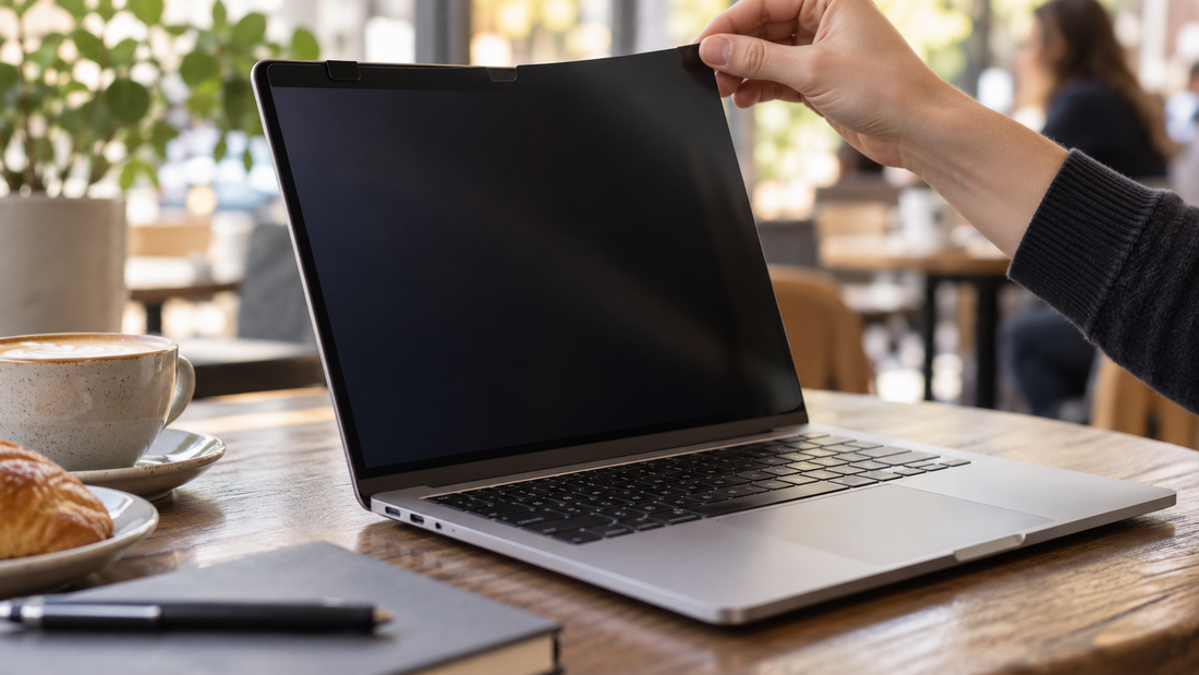 Mano retirando un filtro de privacidad magnético de una notebook en un café