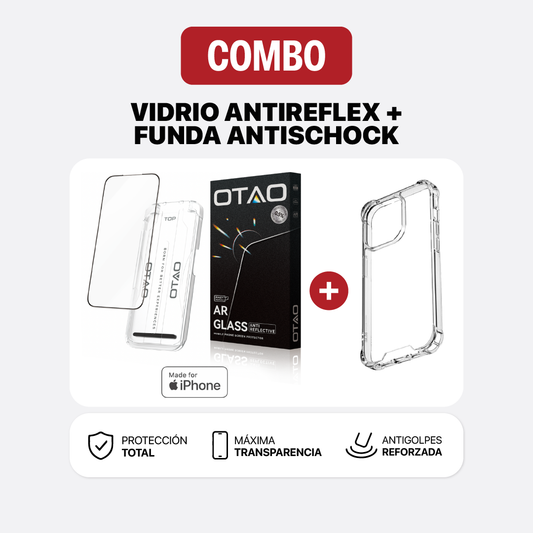 Combo de vidrio antireflex OTAO y funda antishock transparente para iPhone