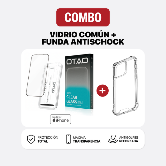 Combo de vidrio templado común y funda antishock transparente para iPhone